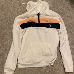thin white hoodie with peach and navy stripes
